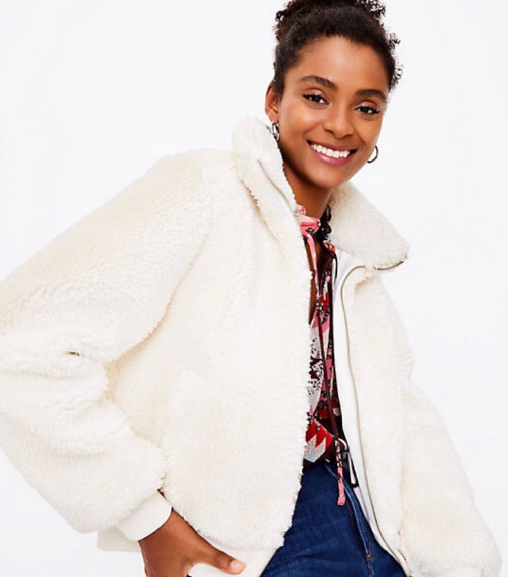 Ann Taylor LOFT Sherpa Teddy Fleece Bomber Jacket Medium Cozy Warm Fuzzy